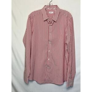 Barbell Men's Size Large Red/White Striped Button Front Shirt Long Sleeve Casual